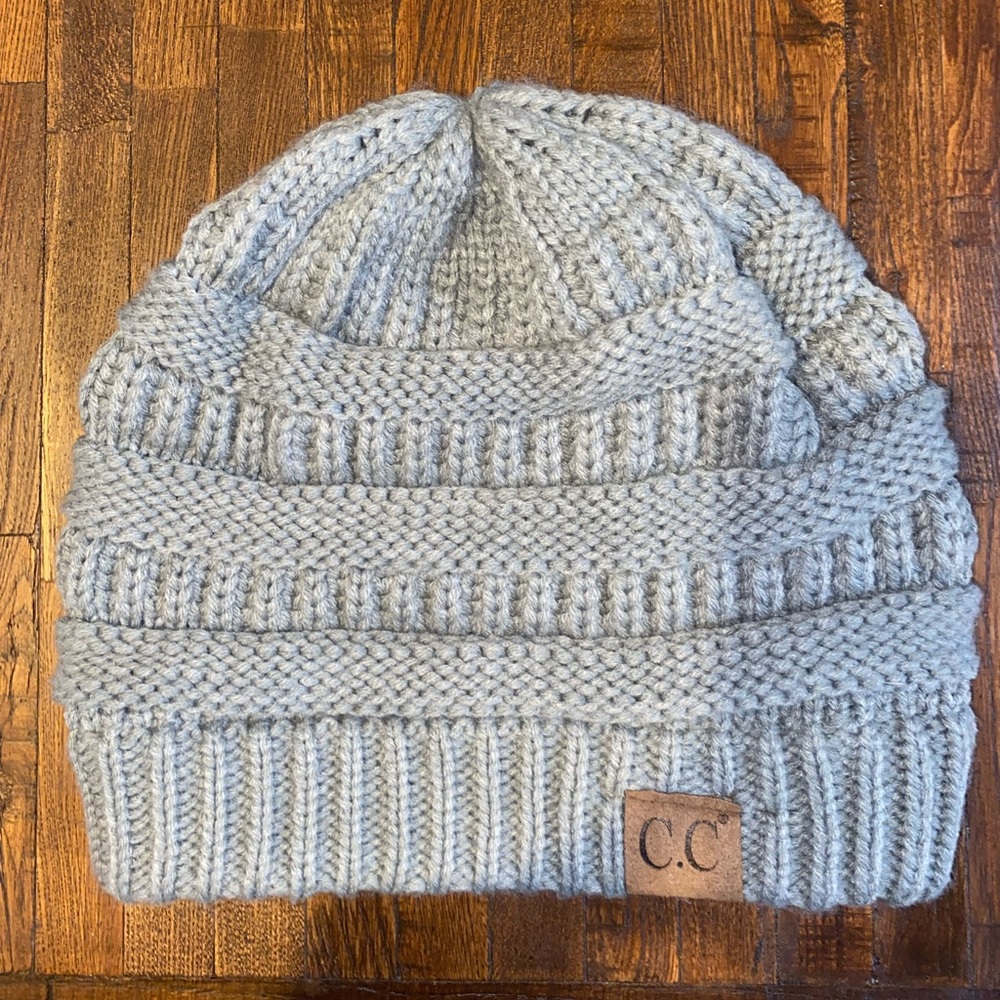 Light gray CC knit beanie.